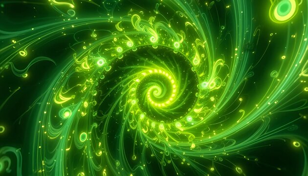 A vibrant green spiral with glowing lights and swirling patterns against a dark background
