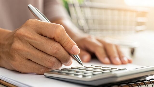 Hand Using Calculator to Calculate Shopping Total in Bright Setting