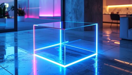 Obraz premium A minimalist acrylic side table with translucent edges, reflecting neon accents on a sleek tile surface, ultra-realistic in a modern loft