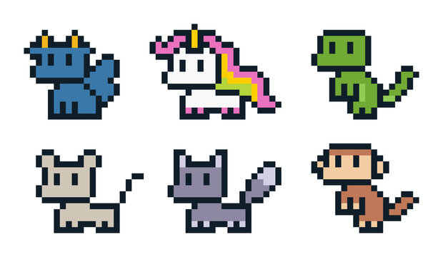 8-bit pixel art cute monster and animal set including dragon, unicorn, dinosaur, mouse, wolf, and monkey for retro fantasy adventure role playing game character and creature assets