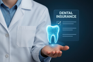 Dental insurance medical concept with dentist in white coat holding glowing tooth hologram symbolizing healthcare protection and oral care in clinical setting