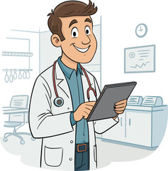 Cartoon Doctor with Tablet in Clinic Vector Art