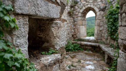 Ancient stone ruins with ivy and arched window.
