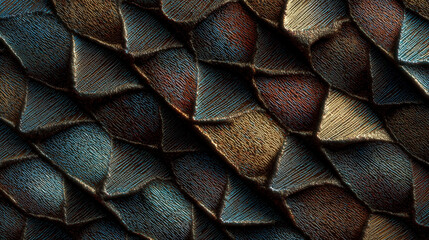 Fototapeta premium An ultra-macro abstract background of a luxurious, textured material with intricate, scale-like patterns in blue and bronze.