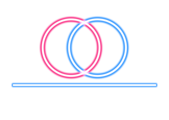 Abstract overlapping neon circles with line design on a transparent background