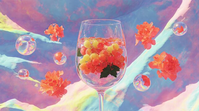 Artistic Wine Glass Still Life: A striking still life captures the ethereal beauty of a wine glass filled with vibrant fruit and blooms, surrounded by floating bubbles and surreal landscape.