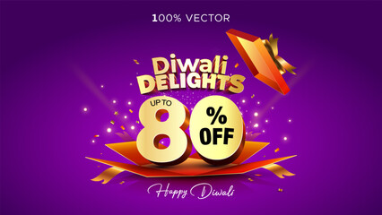 Obraz na płótnie Canvas Happy Diwali, Sale, offer, deals presentation concept with 80% off Diwali Delights 3d Logo and open gift box on festive background.
