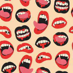Halloween seamless pattern with vampire open mouth, lips, teeth, fangs, tongue, blood. Hand drawn trendy cartoon background for holiday decoration, print, poster, banner, wrapping paper