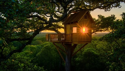 Magical wooden treehouse nestled in lush green forest canopy bathed in warm golden sunset light