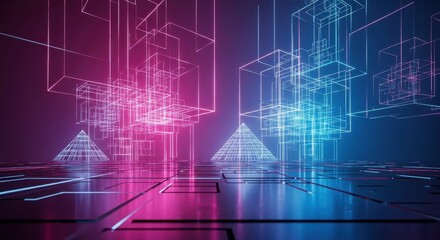 Abstract Futuristic Neon Landscape with Pyramids