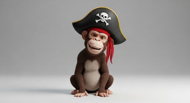 A cartoon chimp, with brown fur and a red bandana, sits wearing a black pirate hat with a skull and crossbones. The chimp smiles mischievously