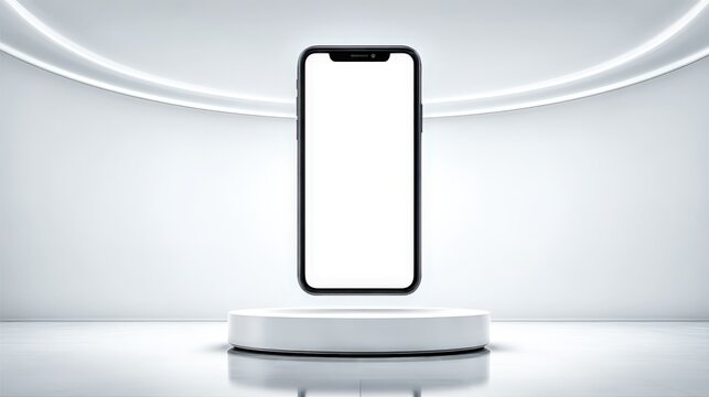 Elevated Smartphone: Sleek, modern smartphone levitates above a pristine display platform, framed by an innovative, minimalist design that exudes technological refinement. 