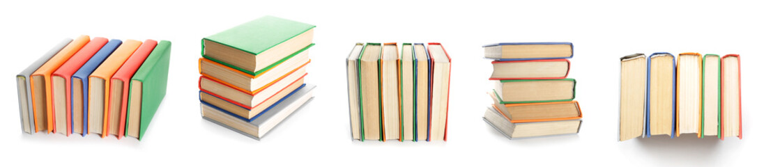 Set of many books on white background