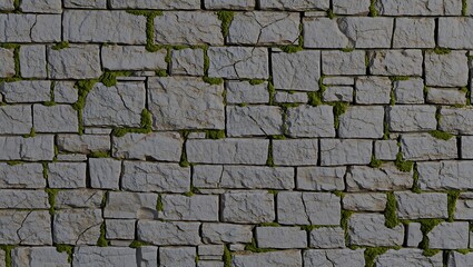 A weathered and aged stone wall texture with moss and lichen growing between the irregular blocks