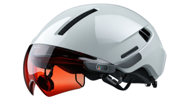 A vibrant red car racing helmet with goggles is isolated on a clean white background