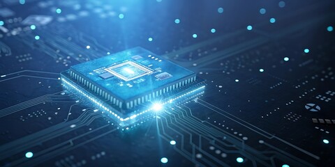 Futuristic glowing blue microchip on a circuit board symbolizing advanced technology artificial intelligence and digital innovation