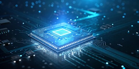 Close up of a glowing blue computer processor chip on a circuit board symbolizing advanced technology and digital innovation