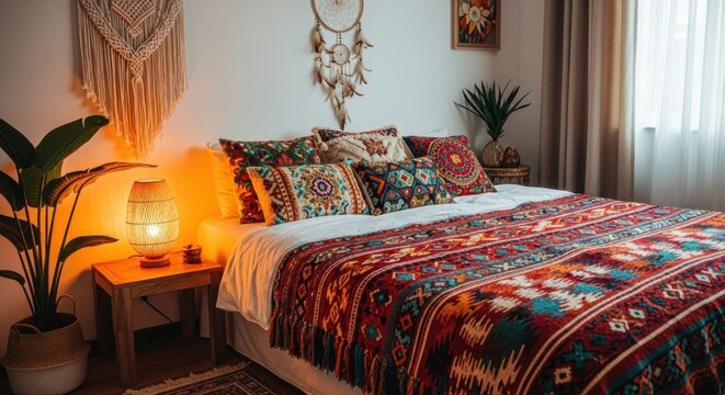 Cozy bedroom with colorful patterned bedding, macrame, dreamcatcher, and warm lighting