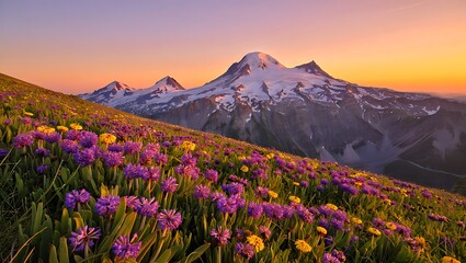 Vibrant alpine meadow bursting with purple and yellow wildflowers in the foreground with snow capped mountains under a warm sunset sky