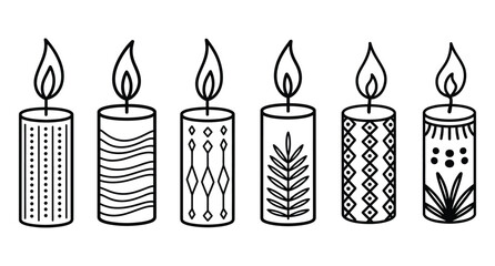 Six decorative hand drawn candles with unique patterns and lit flames in black and white