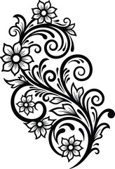 Elegant black floral ornament vector with intricate swirling vines and blossoms. Hand-drawn vintage filigree design perfect for greeting cards, invitations, and decorative patterns.