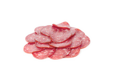 Slices of salami isolated on white background