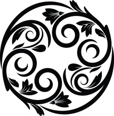 Black elegant circular floral frame vector with ornate swirls and leaves. Vintage hand-drawn filigree design perfect for logos, emblems, and decorative elements.