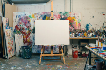 Creative painting studio with canvas easel and colorful art supplies prepared for lesson session, generative, ai