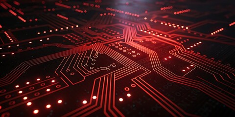 Abstract digital circuit board with glowing red lines and illuminated components representing technology and data flow in a futuristic concept