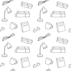 Cozy book reading time, seamless pattern, hand drawing, vector illustration