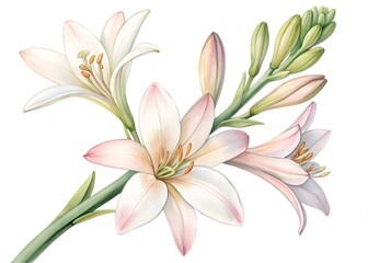 Fototapeta premium Watercolor painting of tuberose flower isolated on white background, botanical art