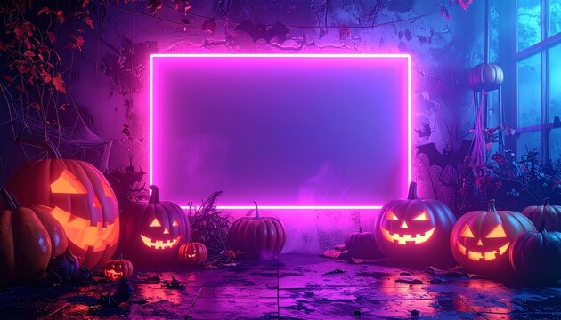 Cyberpunk Halloween celebration background with glowing jack-o'-lanterns and a vibrant purple neon light frame for your message