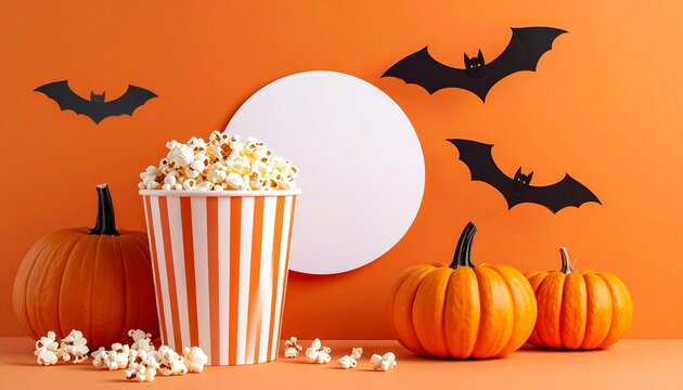 Festive Halloween still life with a classic popcorn container, fresh pumpkins, and scary bat decorations for a horror movie night celebration - Powered by Adobe