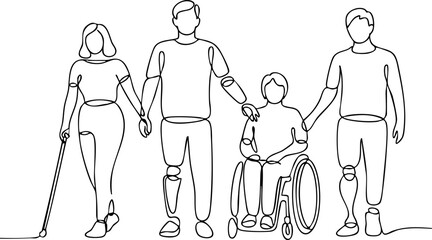 One line drawing of diverse people including a blind person and wheelchair user continuous line diversity