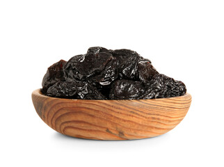 Bowl with tasty dried plums on white background