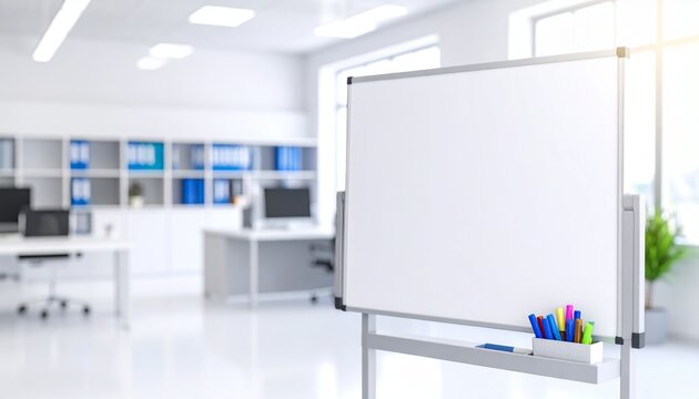 Clean white presentation board with colorful markers on a tray, set against a blurred background of a modern office interior - Powered by Adobe