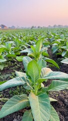 Detailed Close-Up of Healthy Tobacco Leaf in the field at sunrise with portrait mode