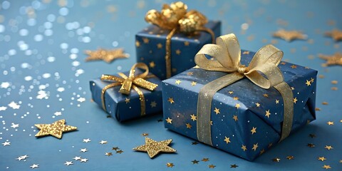 Festive blue gift boxes adorned with golden ribbons and stars nestled on a sparkling blue background perfect for holiday celebrations and special occasions