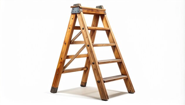 A polished wooden A-frame ladder with five steps, symbolizing elevation, craftsmanship, and the tools of progress. - Powered by Adobe