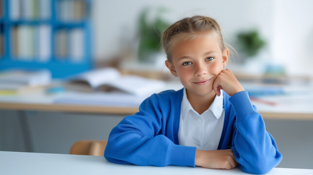 Girl looks at camera with thoughtful expression while resting chin on hand. Bright and airy classroom filled with books and plants creates an inviting learning atmosphere