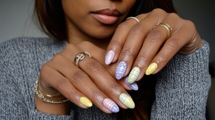 African female young adult displaying colorful patterned nail art with rings