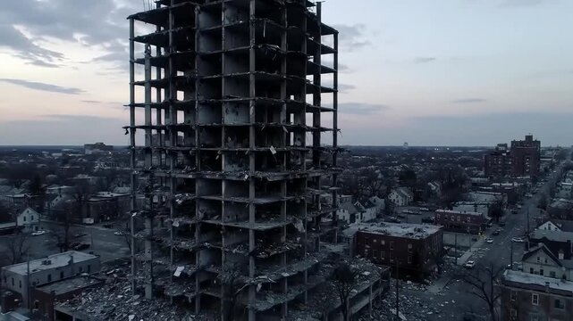 Dilapidated skyscraper skeleton against a cloudy urban sky, symbolizing decay and urban blight