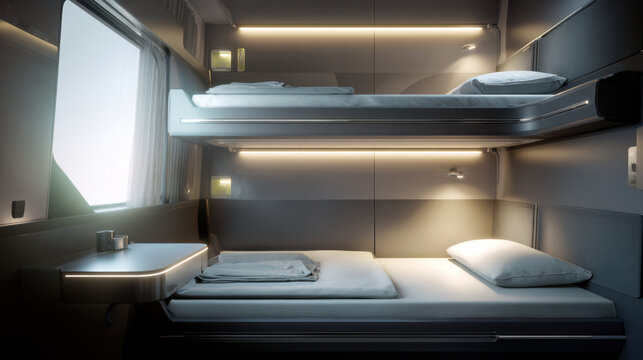 Modern train sleeper cabin with bunk beds and ambient lighting