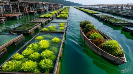 Traditional boat navigating vibrant green algae farms with wooden floating platforms