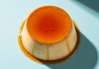 Deliciously smooth caramel flan on a serene pastel blue background