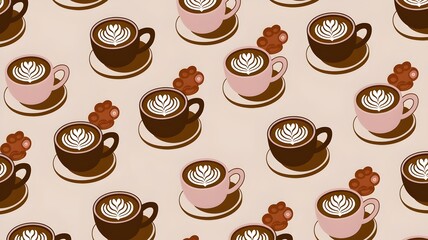 Obraz premium Coffee Cups with Latte Art Seamless Pattern
