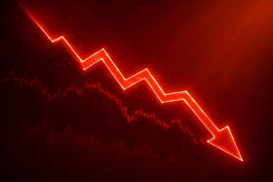 Red downward arrow illustrates economic decline and financial loss on a dark background with stock graph