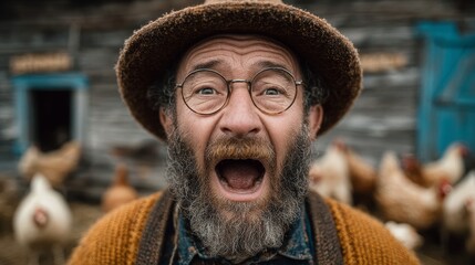 Surprised farmer shouting with chickens around on a rural farm background