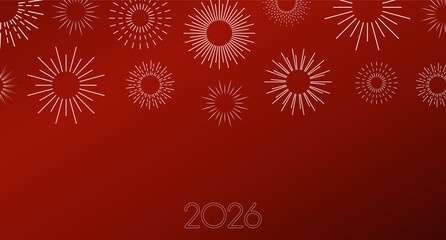 New Year 2026 greeting with firework bursts, festive mood. New Year's greeting for 2026. Holiday card, banner, invitation, marketing template. A festive design symbolizing celebration. Flat vector