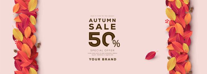 Autumn sale banner design with colorful leaves and discount promotion on pastel background perfect for seasonal advertising and marketing use